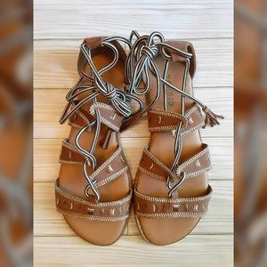 TORRID Lace-up Tassel Tie Suede Sandals White/Black/Tan Size 6.5 Wide (Run big)